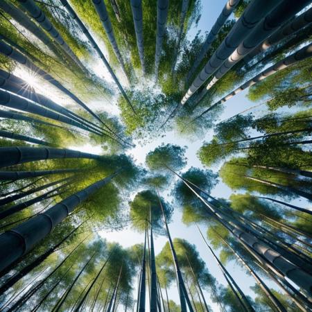 upward shot view of forest, blue sky, cloud, bamboo trees,
<lora:forest_upward_shot_v02:0.3>,
photorealistic, masterpeice, best quality, ultra high res, hires