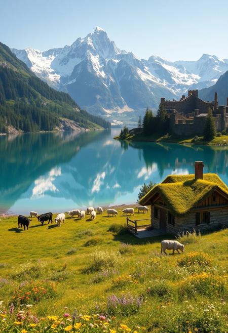 Ultra realism, high quality, high resolution 8K and above, stable and accurate focus, ultra correct anatomy, super detail. A beautiful mountain scene with tall snow-capped peaks reflected in a crystal clear lake. In the foreground are green meadows dotted with wild flowers of various colors. Included in the landscape are houses built of stone and wood, architecturally designed to blend in with nature. The roofs of the houses are covered with thick grass and colorful flowers. Cows roam the meadow, and a flock of sheep, led by shepherd dogs, graze around. The trees around the houses are tall and green, with leaves that cast shadows on the houses.((The ruins of an ancient fortress can be seen in the distance, giving the scene historical depth)). The sunlight illuminates the landscape, creating a warm and welcoming atmosphere.