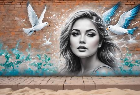 #graffiti, #graffiti on a brick wall, #spray paint on a wall, #colored graffiti, #Street art, #Spray paint, #Street canvas, #Graffiti artist, #Graffiti art, #Spray art, (((ivy: 1.3))) growing on a brick wall. (((Spray cans: 1.3))). Double exposure portrait of a girl's face merging with beach scenery, seagulls soaring, on sand dunes, fantasy elements, eyes drawing focus, digital art enhancement, mysterious ambiance, cinematic lighting, trending color scheme, sharp focus, octane rendering, high-resolution, hyper-detailed, surrealistic elements