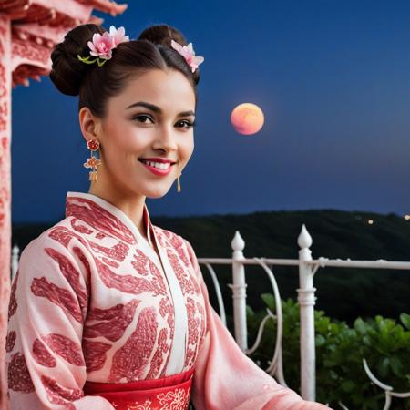 made of wagyu, a woman, asian, black hair, brown eyes, chinese clothes made of meat, meat texture, clothes made of meat, medium body shot, smiling, dress made of wagyu, earrings, meat patterns, highly detailed, photorealistic, fence, print, flower, hair bun, hair ornament, hair stick, hand up, jewelry, leaf, light skin, light smile, lipstick, long hair, long sleeves, looking at viewer, makeup, moon, night, outdoors, parted bangs, plant, railing, red lips, single hair bun, sky, sleeves past wrists, slim, solo, standing, updo, upper body, pink and white hanfu, white flower, wide sleeves,