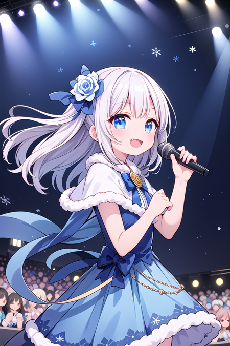 girl,audience,blue capelet,blue dress,blue eyes,capelet,catwalk (walkway),dot nose,dress,dutch angle,fang,film grain,flower,from side,fur-trimmed capelet,fur-trimmed dress,fur trim,glowstick,hair down,hair flower,hair ornament,holding,holding microphone,idol,idol clothes,lens flare,long hair,looking at viewer,microphone,open mouth,outstretched arm,rose,smile,snowflakes,solo,sparkle,stage,stage lights,star (symbol),white flower,white rose ,