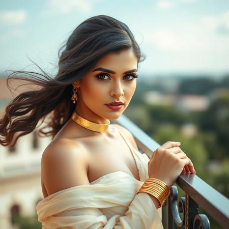 Her deep, almond-shaped eyes gaze seductively at the viewer, her full lips slightly parted, accentuated with a subtle gloss. A delicate gold choker adorns her graceful neck, complementing the golden bangles on her wrists. Her poised, confident stance exudes regal charm, her fingertips grazing the cool iron railing as the wind gently lifts the fabric of her gown.