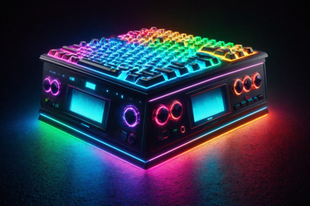 a neon prism made out of RGB Keyboards, with glowing facets, digital light refraction, solo, with pulsing rainbow RGB lights, vibrant and dynamic, an RGB data maze with glowing circuits, neon walls, pulsing energy, detailed background, channeling neon power, shimmering with RGB lights, powerful, radiating RGB lights, wide shot, a digital neon festival with artifacts glowing, RGB beams, neon plaza, a glowing digital fragment with RGB lights, floating nearby, RGB wind with glowing particles, RGB lights streaking, digital midnight with shimmering RGB lights, starry glow, electric stillness, chaotic, with flashing RGB lights, best quality, vibrant colors, realistic style, high detail, high-definition, hyper-realistic, extremely high-resolution details, fine texture, incredibly lifelike, realistic, not cartoon, not drawing, highres, 4K resolution, source photo, realistic photo, masterpiece, best quality, amazing quality, very aesthetic, ultra-detailed, detailed textures, natural lighting, soft light, cosmic RGB colors, purples, blues, starry whites, RGB pulse, rhythmic and dynamic, wide shot, <lora:RGB_Keyboard_themed-000008:1>
