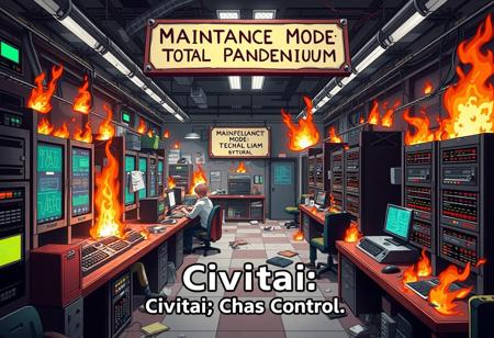 "Anime-style chaotic tech lab with everything in disarray—servers malfunctioning, flames, and characters frantically working. Sign reads ‘Maintenance Mode: Total Pandemonium’. Text: ‘Civitai: Chaos Control’."