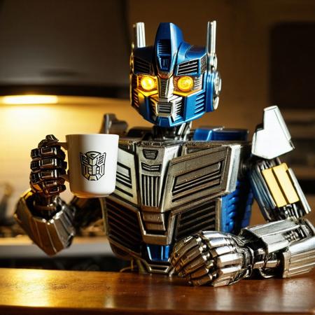 transformers generation 1,1980s retro robot, drinking from cup of tea, made of cast-iron, TransformersStyle, ((wide focus)), flashing lights
