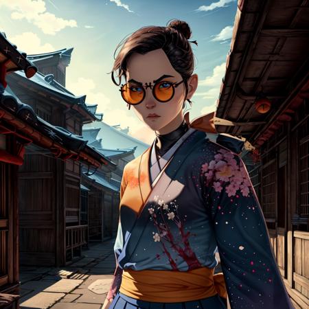 ((masterpiece:1.2, perfect, best work, very detailed illustration)), 1 girl, anime, solo, (MizuBES, long hair, mature female, hair bun, tied hair, sunglasses,  round eyewear, blue eyes:0.8, samurai, upper body),  (sword, sheath, holding sheath,  holding sword), blood, looking at viewer, japanese clothes,  beautiful,  (perfect face, pretty eyes, good hands, perfect hands, perfect body), intricate, very realistic, photorealistic, 8k, 8k uhd, highly detailed, <lyco:GoodHands:1.2>, <lora:more_details:0.6>, <lora:MizuBlueEyedSamurai-10:0.8>