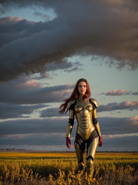 (shy dynamic pose, cute woman with perfect face:1.25), action, red armor plate, cinematic photo biomechanical style, blend of organic and mechanical elements, futuristic, cybernetic, slender BREAK land art style,(A landscape with a orange atmosphere that scatters the light in different hues, flora is fantastical and whimsical, such as cotton candy clouds, rainbow flowers, and candy cane trees), lifelike precise,  torrents of burning radiation, crust vent noxious yellow-green toxic vapors, looming shadow blots out the smoldering remains of the sun BREAK epiCPhoto, cinematic still, <lora:Yebenya_SD1.5:0.125> <lora:Macro_Trash_SD15-000031:0.125> <lora:Doomers_Joy_triggers-000040:0.125> doomersjoy, doomers_sky, doomers_pipes, doomers_smoke, (strong gloom:1.225), f2.8, (natural morning light:1.1) (shallow depth of field swirly bokeh:0.9)