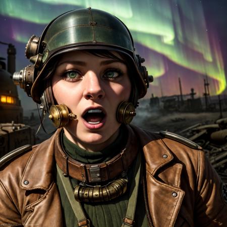 (Highest Quality, 4k, masterpiece:1.1), (realism, photorealistic:1.4), ray traced, hyper realism, soft lighting, detailed background, film grain, (skin texture:1.3),
BREAK
(Woman), ((wearing dieselpunk outfit:1.2)), inside a destroyeddieselpunk  city after nuclear blast, sitting on a ammunition chest,looking down from a hill, holding a gun, looking angry, open mouth, (perfect anatomy), (aurora borealis), (close up:1.3)