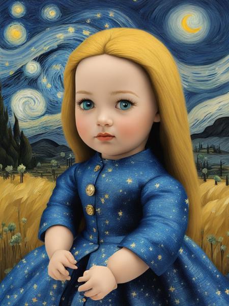 The Starry Night by Vincent van Gogh DollZ style <lora:DollZ_style:0.8>