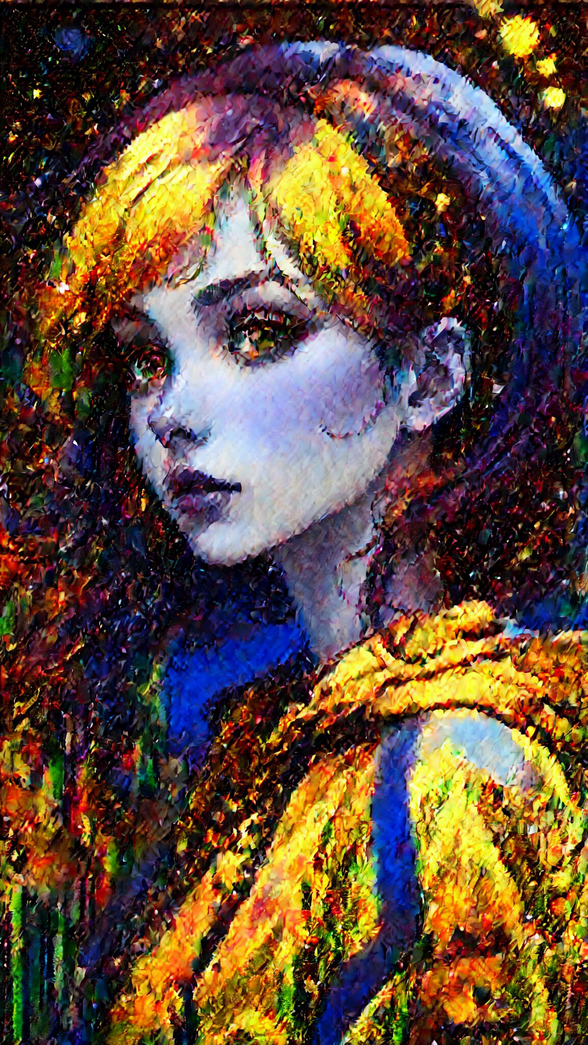 A portrait of a woman with vibrant red hair and yellow eyes.