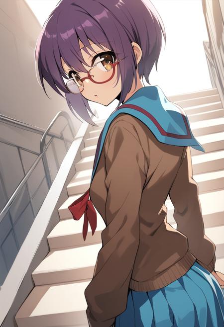 1girl, nagato yuki, suzumiya haruhi no shoushitsu, suzumiya haruhi no yuuutsu, arms behind back, blue sailor collar, blue skirt, brown cardigan, brown eyes, cardigan, from behind, glasses, kita high school uniform, long sleeves, looking at viewer, looking back, outdoors, purple hair, railing, red ribbon, ribbon, sailor collar, school uniform, serafuku, short hair, skirt, solo, stairs, standing, winter uniform, masterpiece, best quality, <lora:Char - Nagato Yuki - v1 - Bionagato>