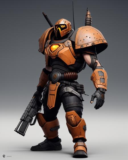 centered medium shot, a cartoon character with a gun in his hand and a machine gun in his other hand, standing in front of a white background, military shoes, cybernetic helmet, dusted floor, Doug Aitken, Fernando Amorsolo, mortal kombat stylistic, Altichiero, mecha, concept art, big heavy dieselpunk, intricately decorated detailed armor elements, rayonism, macrophotography hyper realistic octane render, hard surface modelling, 8k , clean , sharp focus, CGSociety