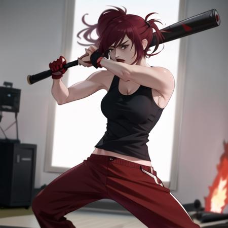 action shot,NatashaMRB,1girl,standing,facing viewer,tank top,pants,red pants,solo, <lora:NatashaMRB-11:0.6>,attacking,baseball bat