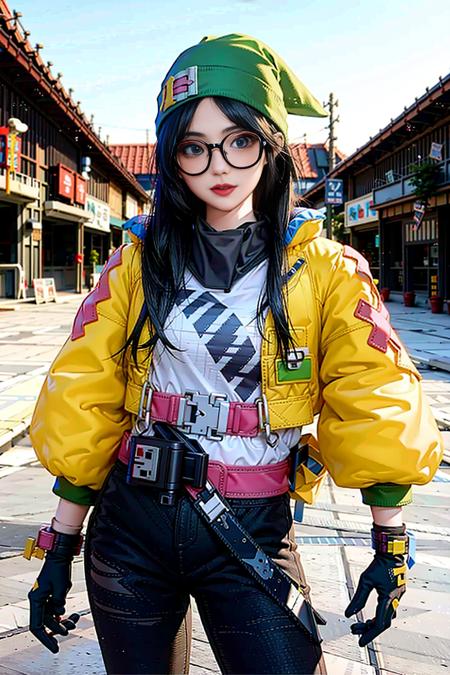 1girl, killjoy \(valorant\), cosplay, valorant, yellow jacket, glasses, gloves, green beanie, solo, upper body, outdoors, noon, streets, sunshine, standing, beautiful face, (cowboy shot), 8k, hdr, ultra highres, masterpiece,(realistic), highly detailed CG unified 8K wallpapers, (HQ skin:1.2),8k uhd, dslr, high quality, beautiful skin, attractive, ultra-high resolution, ultra-realistic, high-definition, close-up, dynamic pose, looking at viewer, <lora:KilljoyCosplay_LoRA:0.8>,