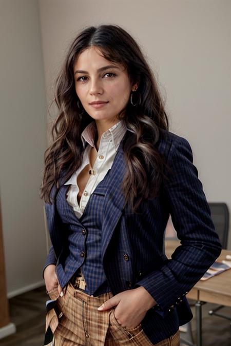<lora:Monica1873Bar:0.9> a woman, m1873b, solo, wearing blouse, waistcoat,. jacket, trousers, in an office, wavy hair,