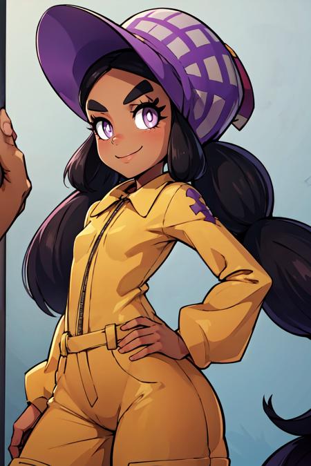 zzHapu, long hair, black hair, twintails, thick eyebrows, dark skin, purple eyes, bright pupils, eyelashes, white pupils, purple headwear, brown jumpsuit