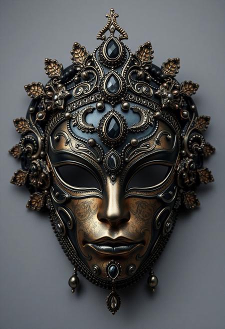 front view, close up shot of an ornamented mask, male core, jewels and black, intricate details, metal, photo realistic, ultra detailed, grey studio background