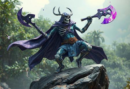 Gashadokuro Skeletal Mayakashi, He-Man universe, dynamic action pose on rock. Blue outfit, purple cape flowing, wielding purple axe, gazing left. Bush background, cinematic, splash ink illustration, octane render, Unreal Engine 5 pro, Raphael style, Artstation trending, golden ratio, detailed eyes, CGSociety, 4k, vivid emotions.