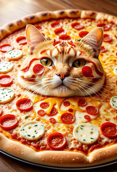 a surreal pizzasdx cat, fluffy feline with textures of melted mozzarella and embedded slices of calabresa sausage across its fur, golden brown crust patterns on its body, oozing cheese reflections, photorealistic pizza surface details, glossy toppings integrated into its face and paws, cinematic rim lighting, shallow depth of field, subsurface scattering, soft bokeh background, warm oven-glow illumination, ultra-detailed fur with embedded pizza texture, ambient light reflections, 8k resolution, hyper-realistic