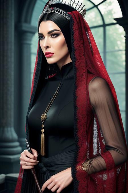 sl4v1ccr0wn3y3s , medium shot, an attractive watermelon temple priestess, solo, big breasts, hair slicked back, slender, fashion model, crown,veil,  covered eyes, tassels, facing viewer, sumptuous smock, mitre  <lora:sl4v1ccr0wn_multi-000009:1>
