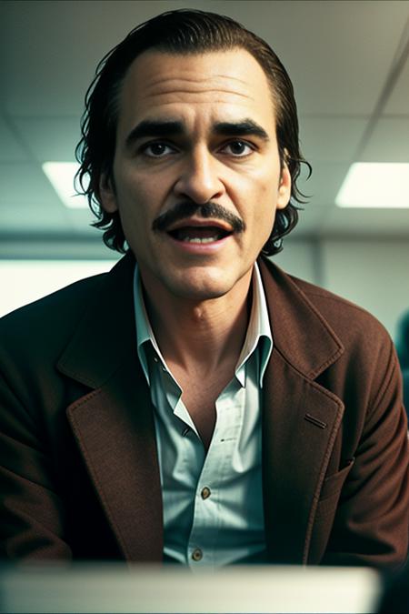 a man looking at a computer screen with a surprised and shocked look on his face, Gotham, Joker, jokermovie style, movie screen grab, 1girl, male focus, realistic, solo, shirt, mirror, reflection, blurry, black hair, open mouth, white shirt, long sleeves, collared shirt, jacket, brown jacket, indoors, teeth, depth of field