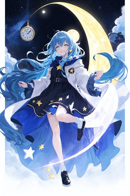 masterpiece, best quility, high_quality, high_resolution, masterpiece*portait, stella, [yellow|blue ]eyes, blue + skyblue hair, cosmos, galaxy, stars, full body, full moon, smile, glowing eyes, glow, glitter, glowing white particles, clock,