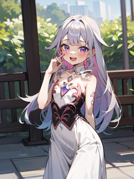 koseki_bijou, hololive, 1girl, solo,
silver_hair, long_hair, purple_eyes, 
cute, short, flat_chest, 
looking_at_viewer, :d, happy, collarbone, 
wide_shot, wide_hips, white_dress, pale_skin, 
outdoors,