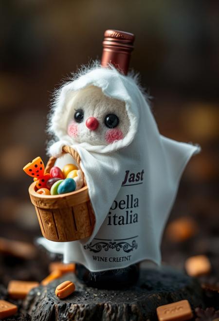 A tiny, adorable fuzzy WINE BOTTLE (LABELED "bella italia" ON TEXT), dressed in a miniature ghost costume, balances a tiny, wooden candy pail on its back. The pail, overflowing with a colorful assortment of Halloween treats, seems to be the WINE BOTTLE's pride and joy. The WINE BOTTLE's ghost costume, a flowing, white sheet with a tiny, hooded head, is perfectly proportioned to its fuzzy, WINE BOTTLE body. The WINE BOTTLE's eyes, two shining, black jewels, sparkle with a mischievous, playful glint, as if it's waiting for a trick-or-treater to come and claim its candy. The air is filled with the scent of sweet, sugary treats and the distant hint of autumn leaves, making the WINE BOTTLE's ghostly gathering seem all the more fun and adorable. highest-Quality, intricate details, visually stunning, Masterpiece