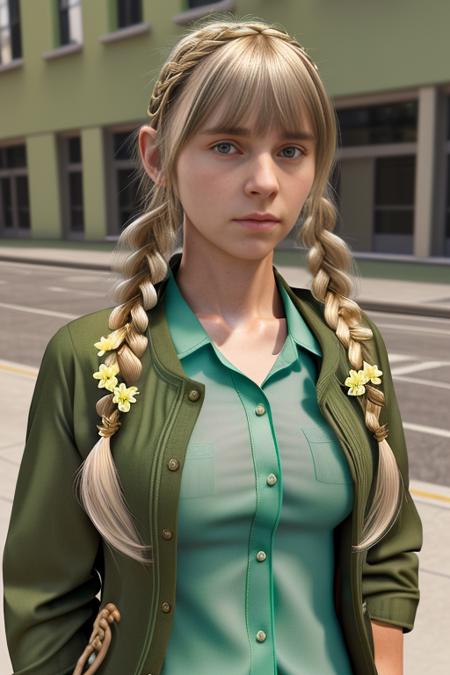 raw, photo, 2 women,((3d style,3d render,cg)),beautiful, white hair, long braid, brown eyes, flower on the neck, Sexy transparent  clothes, cute gloves,((( animal focus, bangs, bare shoulders, beard, braid, collarbone, drawstring, flower, green jacket, green shirt, hair ornament, looking at viewer, medium breasts, realistic, school uniform, shirt, two-tone hair))),nsfw