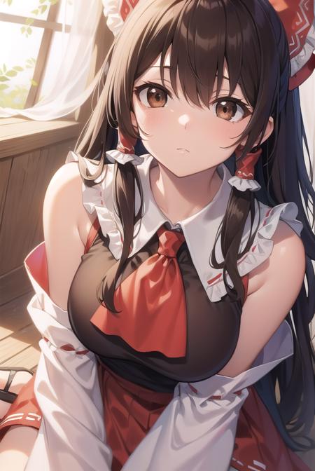 reimu hakurei, (brown eyes:1.5), brown hair, bow, hair bow, hair tubes, long hair, red bow, sidelocks, ascot, bare shoulders, black footwear, detached sleeves, embellished costume, frills, japanese clothes, nontraditional miko, red skirt, sandals, sarashi, skirt, socks, white sleeves, white socks, wide sleeves, yellow ascot, zouri,