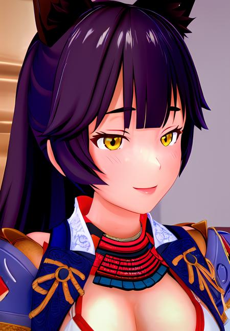 (Photo:1.3), highdetail, <lora:Izanami:0.8>, Izanami, 1girl, solo, smile, sitting, japanese armor, portrait,, (masterpiece, best quality, absurdres, detailed, ultra-detailed:1.3), (high details, 8k:1.3)