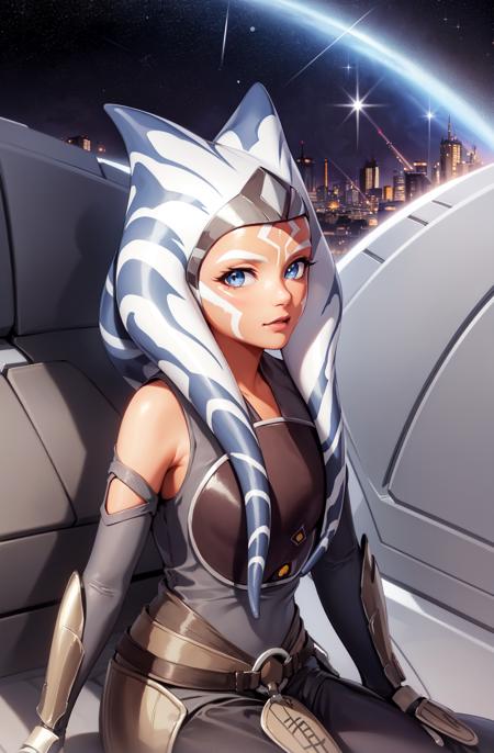 masterpiece, best quality, (1girl), ahsoka_rebels, alien, 1girl, cowboy shot, space background, planet, galaxy, grey dress, blue eyes, detailed eyes, scifi, sitting, starry sky, upper body, looking at viewer, orange skin