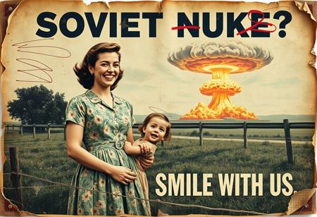 “A decayed, vintage-style poster from 1957, weathered and torn, depicting a surreal American country scene. The faded image shows a woman in a floral-patterned 1950s dress holding her young daughter’s hand, her wide, mad smile radiating an eerie charm. In the far background, a massive nuclear mushroom cloud dominates the sky, with fiery orange fireballs at its base and visible blast waves rippling through the landscape. The poster’s bold text, ‘SOVIET NUKE?’ across the upper section and ‘SMILE WITH US’ in the lower section, is faded, smeared, and inked with scribbles and stains. The paper appears rotten, with tears, creases, and discolored edges, evoking a haunting sense of abandonment and decay, adding to the unsettling atmosphere of the piece.”