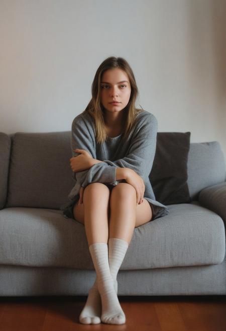 1girl,sitting on a cozy couch,crossing legs,soft light