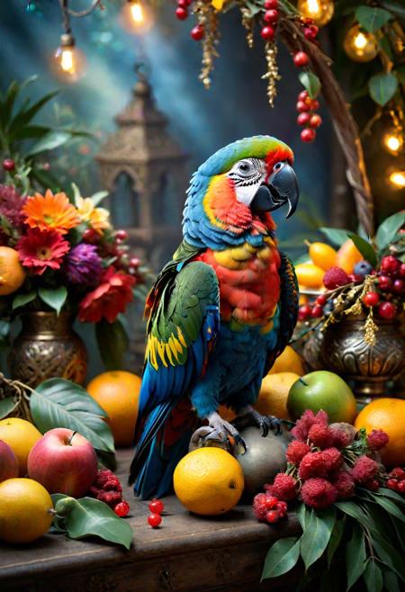 photo RAW,Stunning still-life photo of parrot, surrounded by poetic ornamental elements such as fruits, flowers, garlands of lights and native plants, exceptional shallow depth-of-field capabilities, atmospheric haze blur,vivid colors,high quality textures of materials, volumetric textures, coating textures, fabric textures, metal textures, stone textures, natural textures
