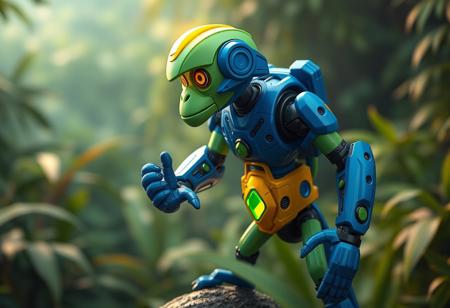 epic details Vibrant blue Acrobat Monkey robot with green helmet, yellow visor gleam, green limbs, yellow chest plate, green gem sparkle, stands proudly on a jungle dweller. Poised for action, head turned left. Lush jungle setting. Isometric view, dynamic pose, cinematic lighting, depth of field. Concept art, Octane Render, Unreal Engine, trending on Artstation, Golden Ratio composition, intricate detail.
