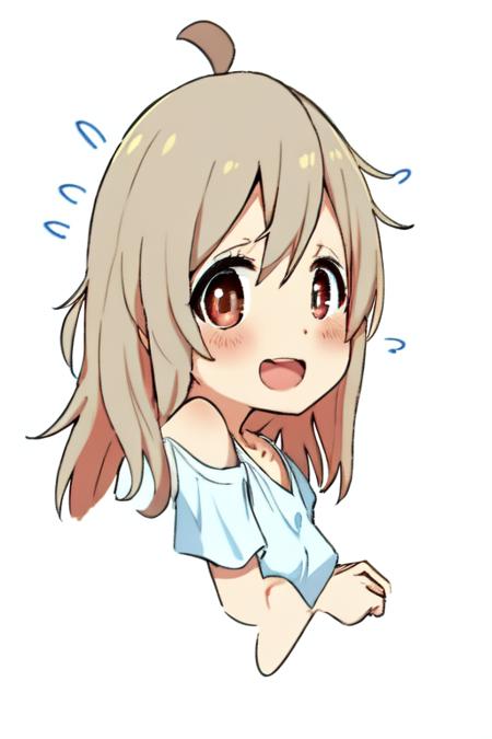 oyama mahiro,1girl, solo, long hair, shirt, white background, cropped legs, simple background, ahoge, flying sweatdrops, white shirt, smile, off shoulder, short sleeves, open mouth, hair between eyes, looking at viewer, bangs, brown eyes, collarbone, blush, :d, brown hair, small breasts, breasts, red eyes, masterpiece, best quality,