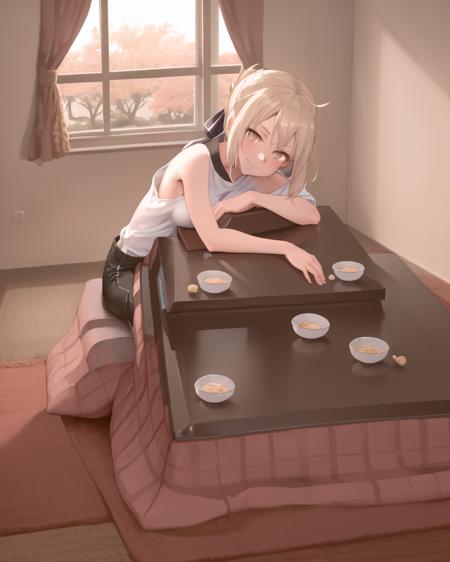 masterpiece, best quality, (kotatsu), indoors, table, window, cosy, calm, rest, 1girl, (siting at kotatsu), looking at viewer, (elbows on table),  smile, front view, love, enjoyment, calm, joy, MHXA, white shirt, black shorts, <lora:kotatsu-20:0.8>, <lora:MHXA_REMAKE-20:0.8>