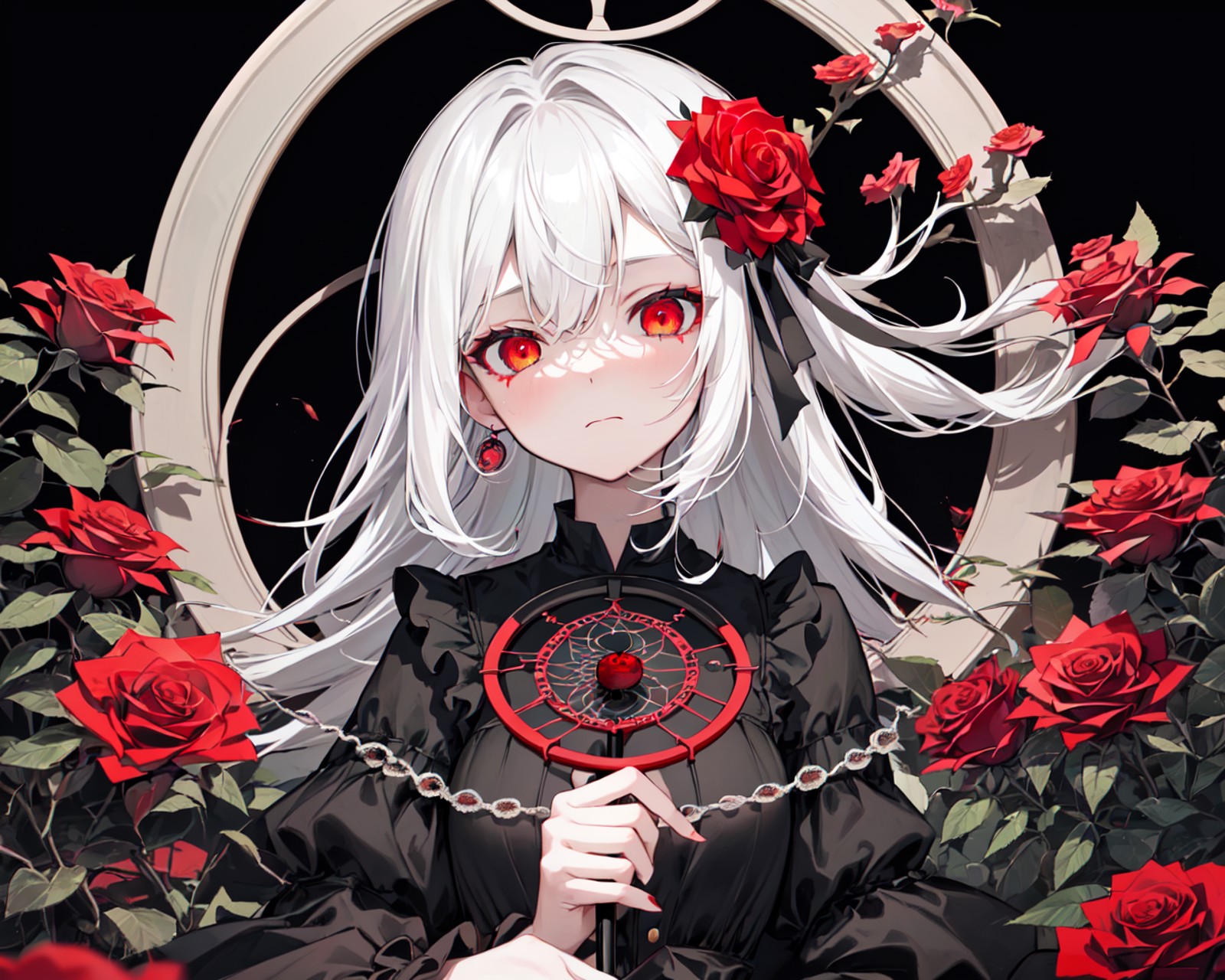 (best quality, masterpiece), (1girl, solo, black dress, standing , looking at viewer, white hair, red eyes, holding rose, ...