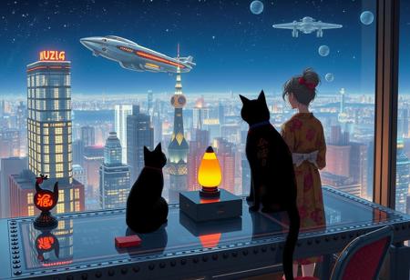 Jiji, the cat from Kiki's Delivery Service sits on a cluttered metal riveted desk with transparent top and rgb led computer components visible inside, On the desk are a maneki neko statue and a lava lamp, Jiji the Black Cat is looking out of a seamless and futuristic floor to ceiling window that looks out at a very high view from an apartment on the 400th floor of a futuristic Tokyo skyscraper, the year is 2250, The city has thousands of enormous wide and tall futuristic skyscrapers and space ships covered with lights in the sky, (((Kiki from Kiki's Delivery Service, 24 years old, is standing behind the desk looking out at the enormous city at night next to Jiji, filled with buildings of many shapes and sizes, some over a mile tall))), Kiki is dressed in an ornate Japanese style bath robe. An enormous deco starship with futuristic lighting and design is visible high above the city, and a space station is visible in the background among the stars, The woman's hair is messy from just waking up and tied up with a ribbon. Artistic cyberpunk, dynamic perspective, The focus is on Jiji and Kiki standing together looking out the window at the view together, (((overall architectural aesthetic is Art Deco Cyberpunk))).  Mt Fuji can be seen in the far distance,