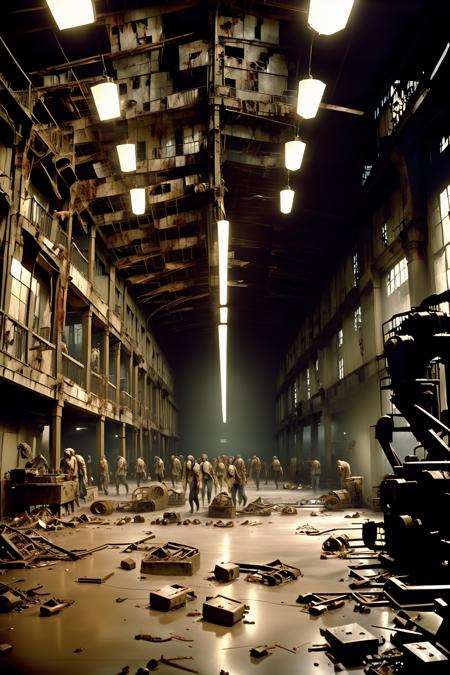 Decrepit industrial factory, machinery covered in cobwebs, survivors forging makeshift weapons and defenses. ,screen cap from George A. Romero's Twilight of the Dead" , twilight_of_the_dead