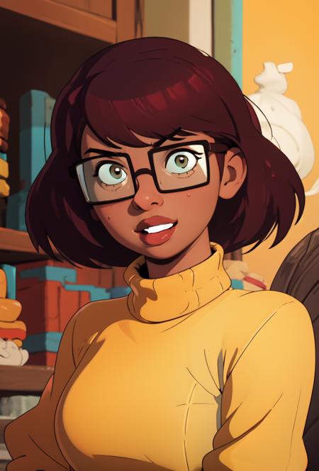 <lora:velma-000004:0.8>, mkvd, 1girl, turtleneck sweater, sweater yellow, happy, looking at viewer, glasses,