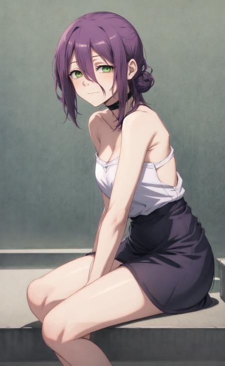 looking at viewer, from side, facing to the side, sitting on stairs, close-up, face focus, sitting beside, eye level, 1girl, purple hair, green eyes