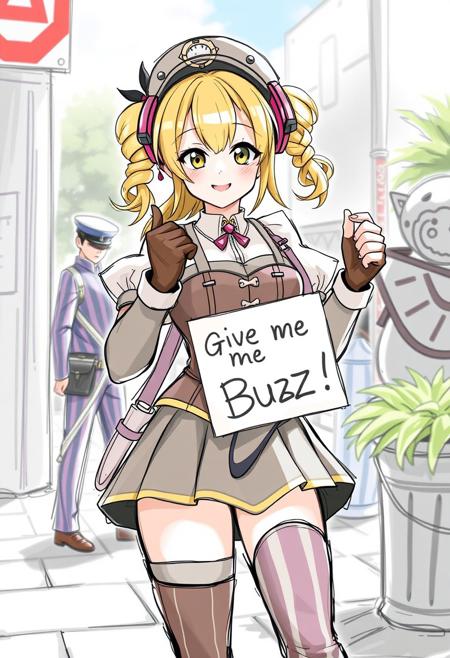 score_4,score_5,score_6,score_7_up,score_8_up,score_9 ((masterpiece,best quality,ultra detailed,highres,HD,4k:1.2)), 
Araki,sketch,
mami tomoe, blonde hair, drill hair, twin drills, yellow eyes,large breasts,
brown gloves, corset, detached sleeves, fingerless gloves, gloves, hat, juliet sleeves, long sleeves, magical girl, puffy sleeves, skirt, striped, striped thighhighs, thighhighs, thighs, vertical stripes, vertical-striped thighhighs, 
outdoors,
(("Give me Buzz.",Beggars Borad,Holding a sign, holding a sign that says, "Give me Buzz.")) wink,happy,blush, looking at viewer, smile,,
