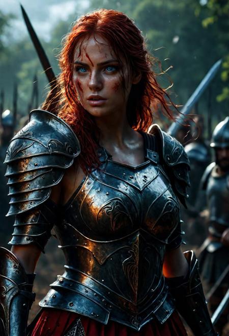 Ultra detailed digital art masterpiece Warrior girl dressed in a iron Armor and red mini skirt, Standing on a battlefield at the head of an army of knights, where a bloody slaughter is taking place, standing in battle pose, a dark epic fantasy, perfect lighting, beautiful Warrior girl, attractive woman, elegant, beautiful woman of athletic body,  shot of the whole Warrior girl, unreal engine 5 nanite quality, dark fantasy, dark environment, very stormy day, LOTR style, dark washed out eyeliner, no make up, natural bloody pale face, realistic blue eyes, ultra detailed atmospheric details, beautiful glowing effects, sparkle effects, realistic body proportions, beautiful face proportions, complex masterpiece, wavy red hair, creative glowing detailed tattoos, complex physics, enhanced colors, complimentary colors, ultra detailed raytracing reflections, Ultra detailed complex background, environment feels alive, direct eye contact, dramatic lighting, wet and sweaty skin, beautiful firm Breasts, Daylight, Concept art by Greg Rutkowski, adding to the intense and dynamic atmosphere of the scene.