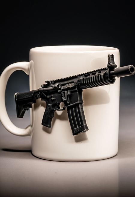 A mug, masterpiece, best quality, HD, it's just a mug, no clutter at all, holding an assault rifle, 8K, HD. Overall, the image depicts a mug as just a mug, a perfect combination of a mug and just a mug.
