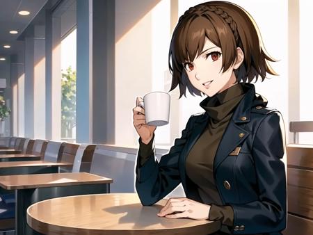 masterpiece, best quality, highres, extremely detailed CG unity 8k wallpaper,
illustration of dsmakoto, 1girl, solo focus, short hair, crown braid, jacket, scarf, turtleneck, smiling, parted lips, sitting in a booth, holding coffee cup on table, cafe interior, detailed background
<lora:dsmakoto_e2:0.75>