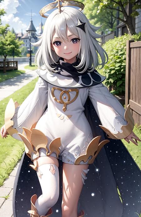 1girl, solo, thighhighs, paimon (genshin impact), long sleeves, white dress, dress, halo, thighhighs under boots, single thighhigh, bangs, boots, hair between eyes, white footwear,  white thighhighs, white hair