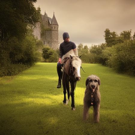 <lora:IWolf:1>, (8k, RAW photo, best quality, masterpiece:1.2), (realistic, photo-realistic:1.37), octane render, ultra high res, ultra-detailed, knight in armor, on horseback with Irish_wolfhound dog, in front of a medieval castle