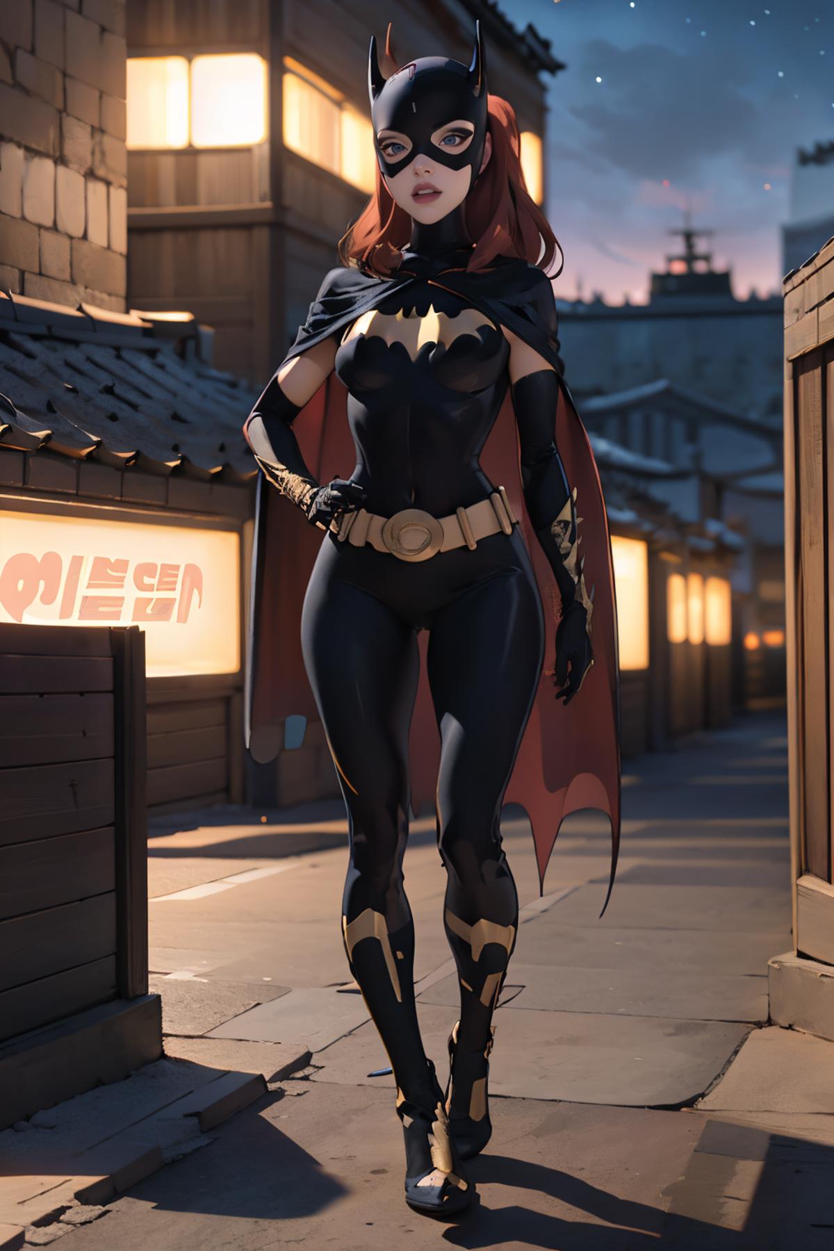 A Batgirl character in a black and gold costume standing in front of a building.